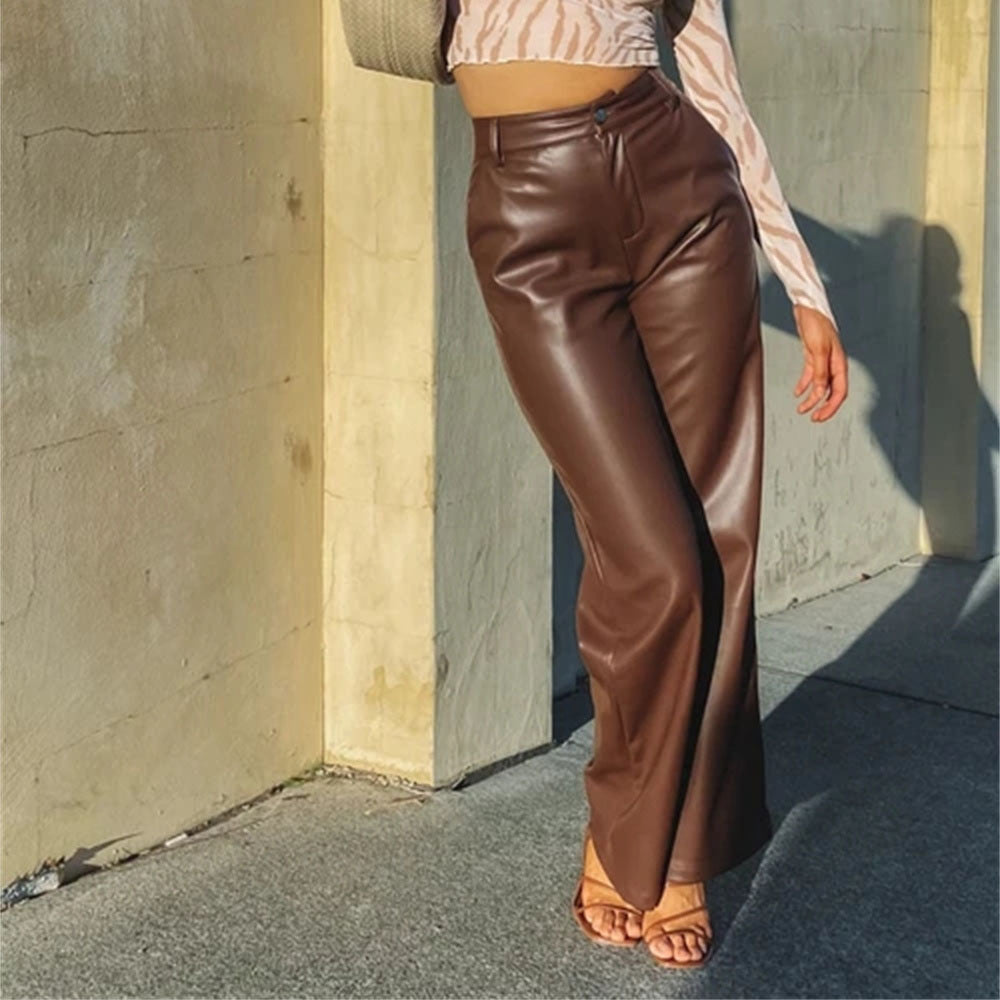 2022 Autumn And Winter European Women's Clothing Hot Style PU Long Leather Pants Women's Casual Wide Leg Pants High Waist Straight Women's Leather Pants Wholesale