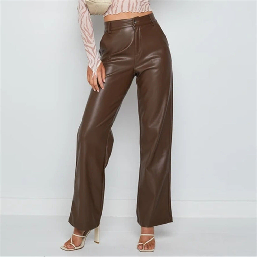 2022 Autumn And Winter European Women's Clothing Hot Style PU Long Leather Pants Women's Casual Wide Leg Pants High Waist Straight Women's Leather Pants Wholesale