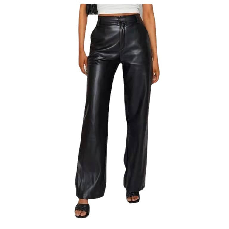 2022 Autumn And Winter European Women's Clothing Hot Style PU Long Leather Pants Women's Casual Wide Leg Pants High Waist Straight Women's Leather Pants Wholesale