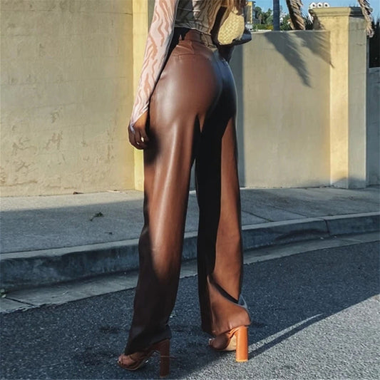2022 Autumn And Winter European Women's Clothing Hot Style PU Long Leather Pants Women's Casual Wide Leg Pants High Waist Straight Women's Leather Pants Wholesale