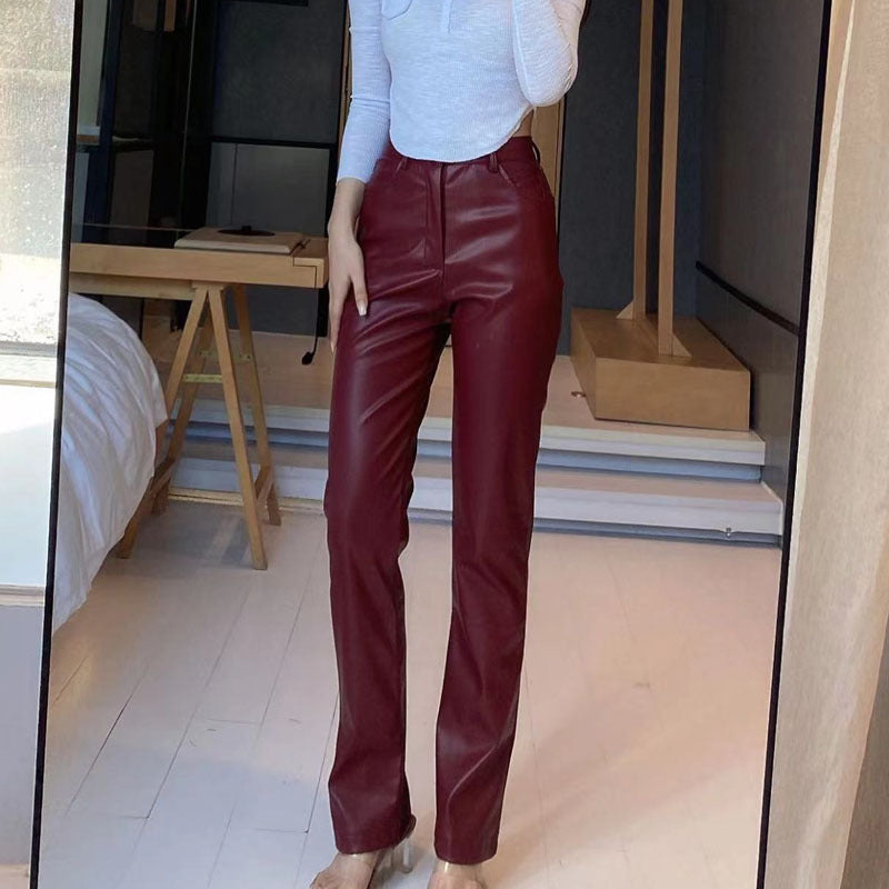 2022 Autumn And Winter European Women's Clothing Hot Style PU Long Leather Pants Women's Casual Wide Leg Pants High Waist Straight Women's Leather Pants Wholesale
