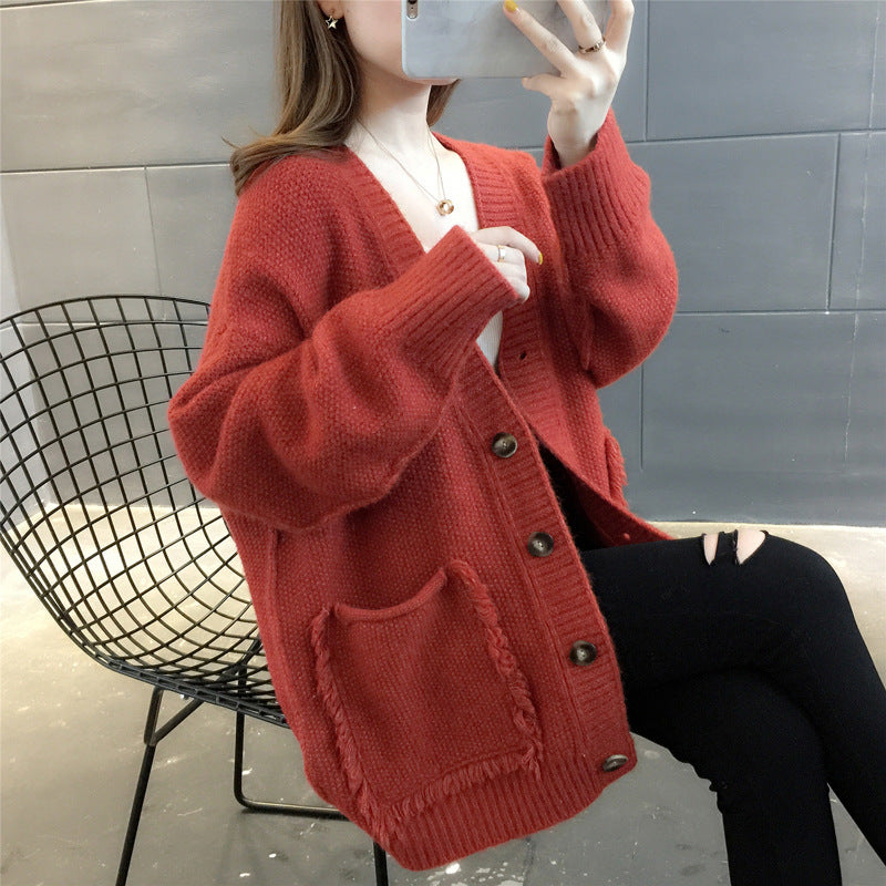 Lazy Wind Solid Color Fringed Sweater Coat Women Spring And Autumn New Korean Version Loose Single-breasted Knitted Cardigan Women