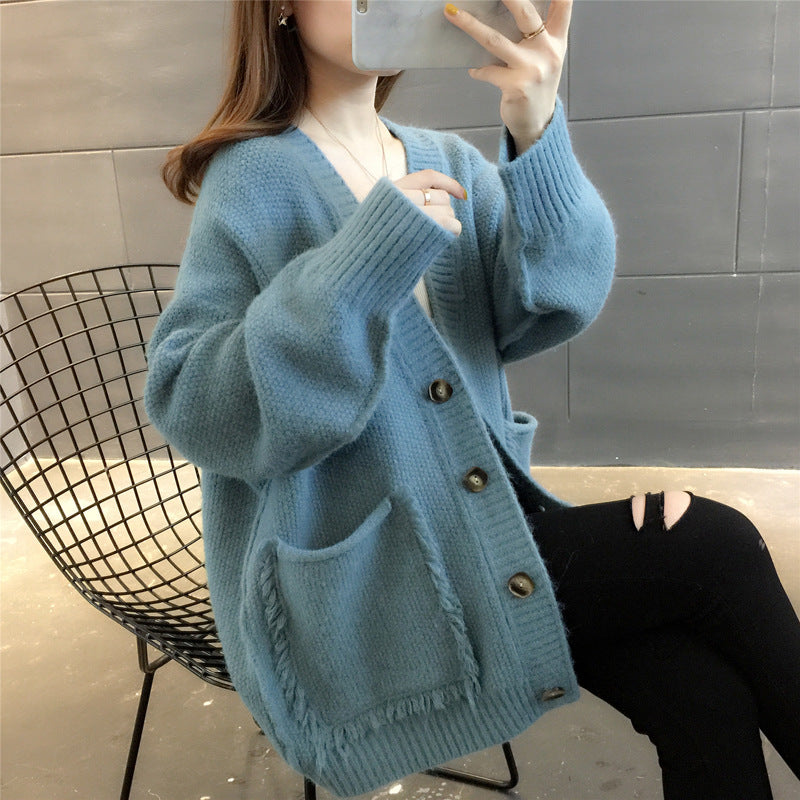Lazy Wind Solid Color Fringed Sweater Coat Women Spring And Autumn New Korean Version Loose Single-breasted Knitted Cardigan Women