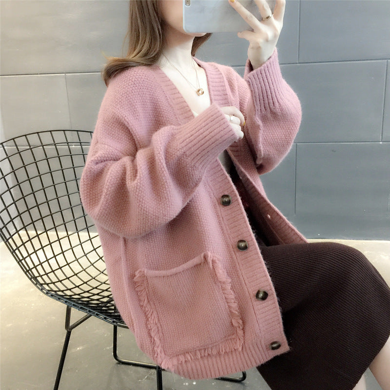 Lazy Wind Solid Color Fringed Sweater Coat Women Spring And Autumn New Korean Version Loose Single-breasted Knitted Cardigan Women