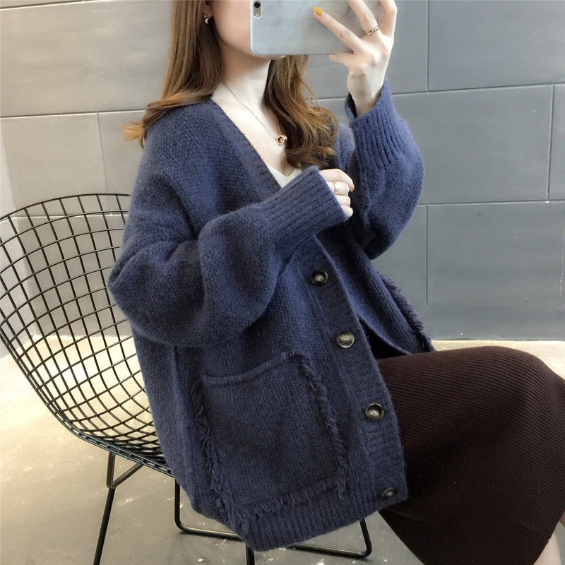 Lazy Wind Solid Color Fringed Sweater Coat Women Spring And Autumn New Korean Version Loose Single-breasted Knitted Cardigan Women