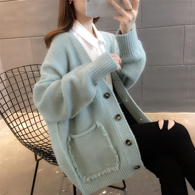Lazy Wind Solid Color Fringed Sweater Coat Women Spring And Autumn New Korean Version Loose Single-breasted Knitted Cardigan Women