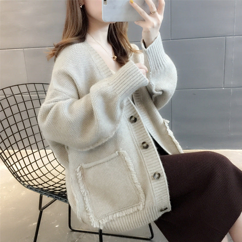 Lazy Wind Solid Color Fringed Sweater Coat Women Spring And Autumn New Korean Version Loose Single-breasted Knitted Cardigan Women