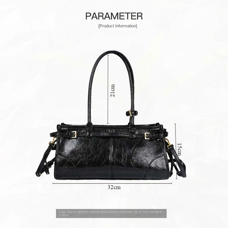 New Soft Lux Boston Baguette Bag Retro Motorcycle Wind Head Layer Oil Wax Leather Women&#039;s Bag Crossbody Shoulder Bag