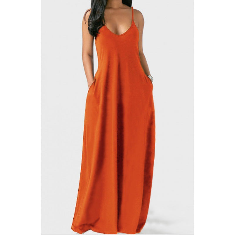 Plus Size Women&#039;s Solid Color Sexy Deep V Strap Dress