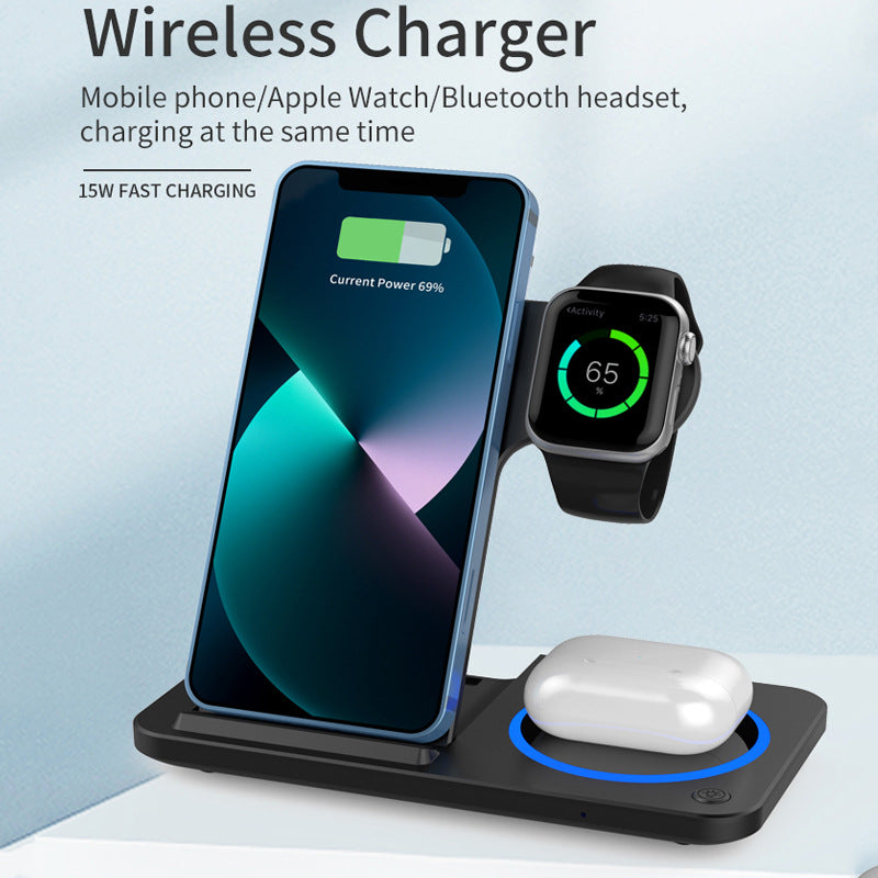Multifunctional Earphone Watch Wireless Charging Bracket Base Double Coil Three-in-one Folding Wireless Charger With Light