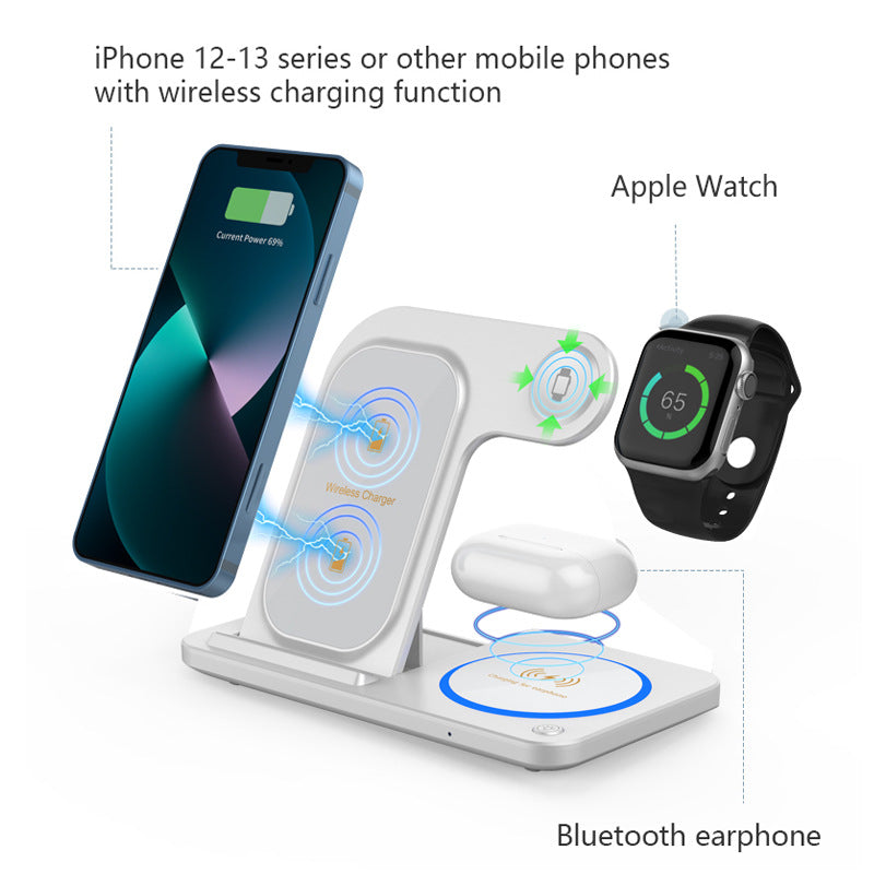 Multifunctional Earphone Watch Wireless Charging Bracket Base Double Coil Three-in-one Folding Wireless Charger With Light