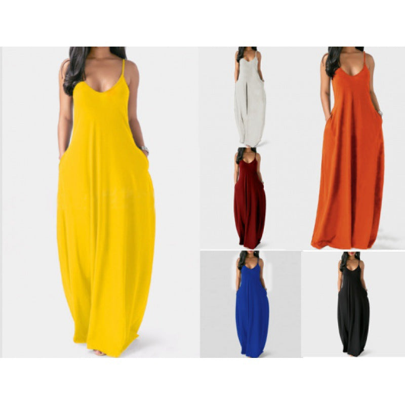 Plus Size Women&#039;s Solid Color Sexy Deep V Strap Dress