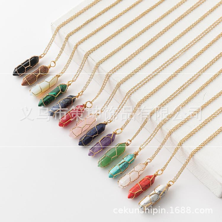 Crystal Stone Hand-wound Necklace Crystal Best-selling Pendant European And American Wire-wound Hexagonal Column Natural