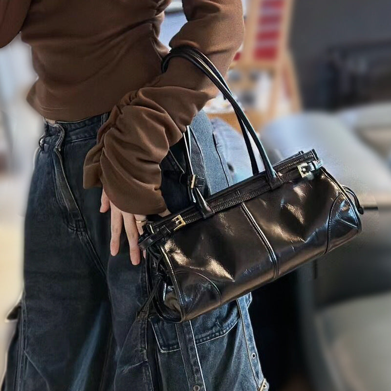 New Soft Lux Boston Baguette Bag Retro Motorcycle Wind Head Layer Oil Wax Leather Women&#039;s Bag Crossbody Shoulder Bag