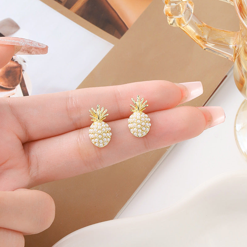Stud Earrings Fruit Pineapple Earrings Pearl Earrings Light Luxury High Sense New Female Silver Needle Pine Nut Creative Earrings Wholesale