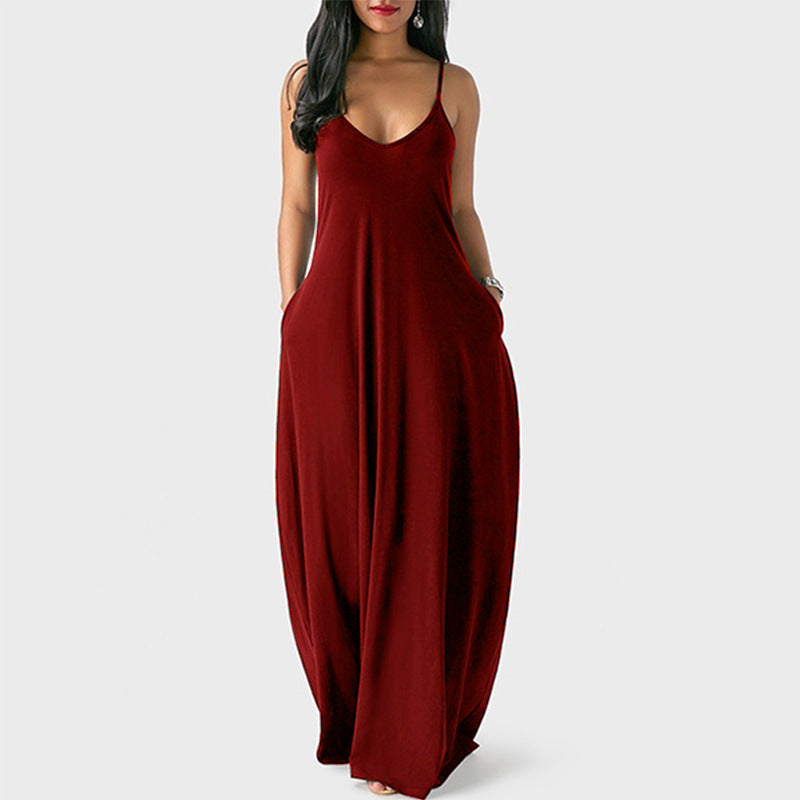 Plus Size Women&#039;s Solid Color Sexy Deep V Strap Dress