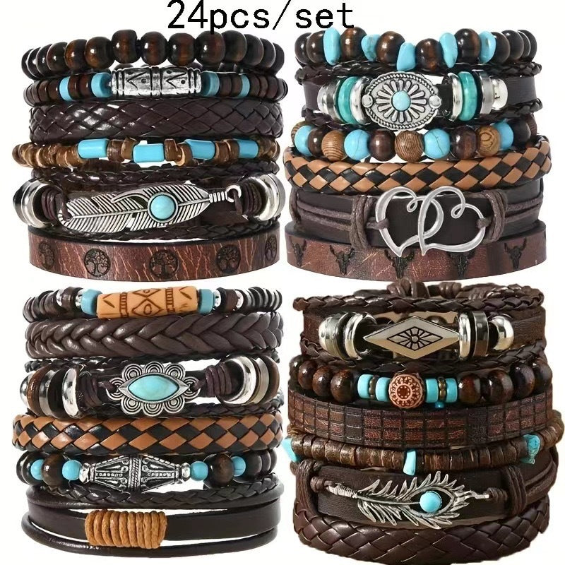 Wood Beads Beaded Multi-layer Vintage Flower Peacock Feather Heart-shaped Hand-woven 24-piece Bracelet