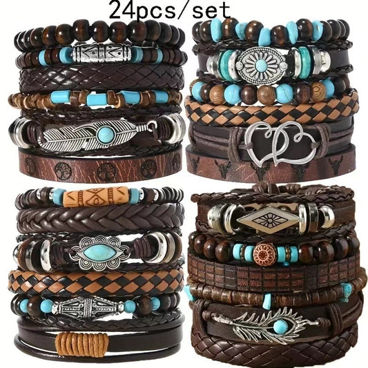 Wood Beads Beaded Multi-layer Vintage Flower Peacock Feather Heart-shaped Hand-woven 24-piece Bracelet