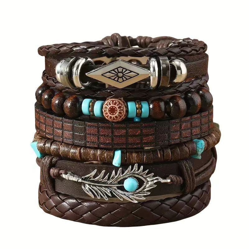 Wood Beads Beaded Multi-layer Vintage Flower Peacock Feather Heart-shaped Hand-woven 24-piece Bracelet