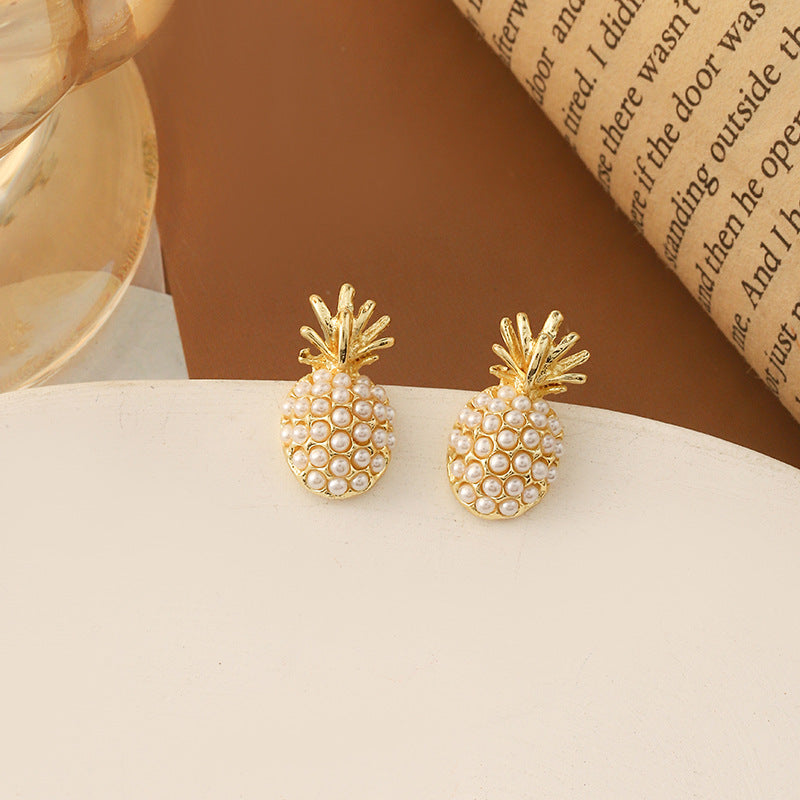 Stud Earrings Fruit Pineapple Earrings Pearl Earrings Light Luxury High Sense New Female Silver Needle Pine Nut Creative Earrings Wholesale