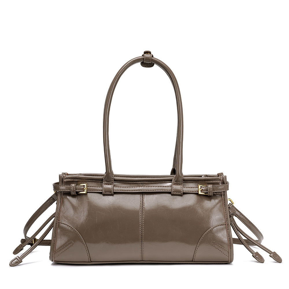 New Soft Lux Boston Baguette Bag Retro Motorcycle Wind Head Layer Oil Wax Leather Women&#039;s Bag Crossbody Shoulder Bag